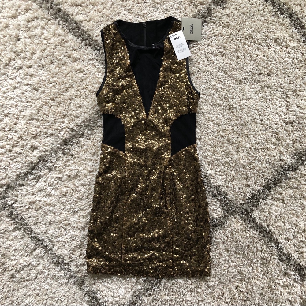 ASOS Gold Sequins Black Cutout Glam Mini Dress